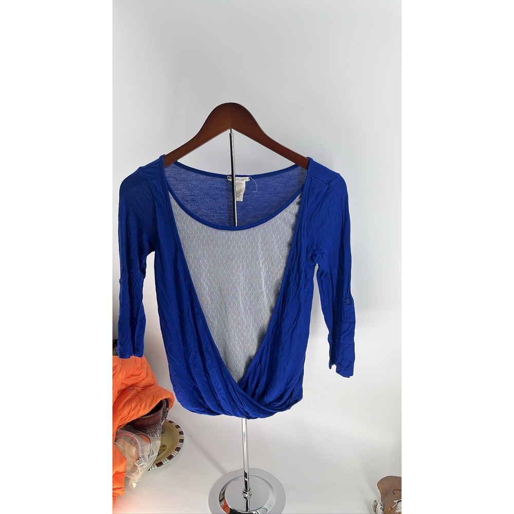 Lily Rose Blue Faux Wrap Mesh Inset Long Sleeve Blouse Top Medium‎